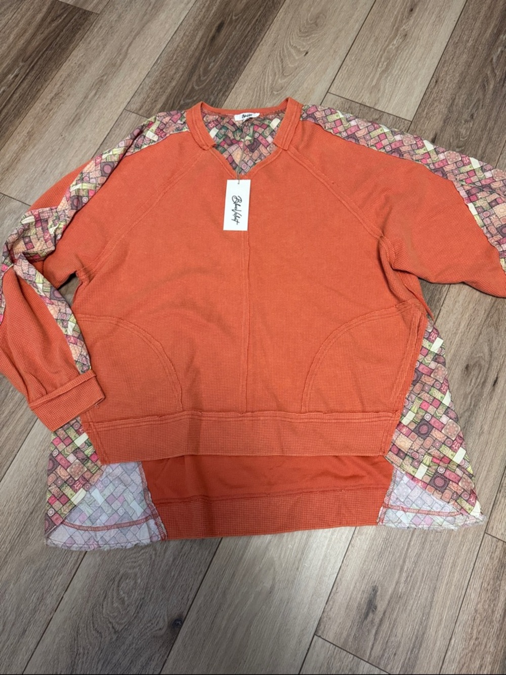 BlueVelvet NWT Orange Waffle Patchwork KAFTAN SLEEVES POCKETS Tunic Top - Picture 2 of 7